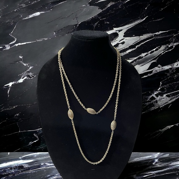 Vtg Signed Monet Gold Tone Stationed Beads Round Link Chain Long Necklace 54” - Picture 1 of 14
